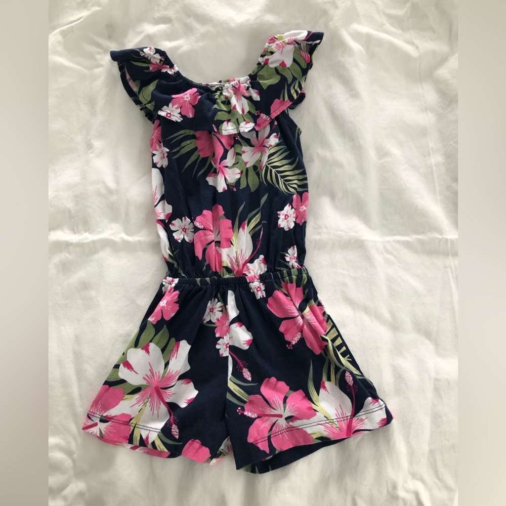 The Children's Place Navy Floral Girls Romper with Pink & White Hibiscus